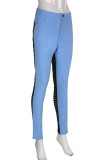 Pantaloni a matita skinny a vita alta trasparenti patchwork casual blu alla moda