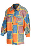 Vêtement d'extérieur décontracté imprimé à carreaux patchwork boucle col rabattu orange