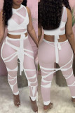 Blanc Fashion Sexy Patchwork Tear Strap Design O Neck sans manches deux pièces