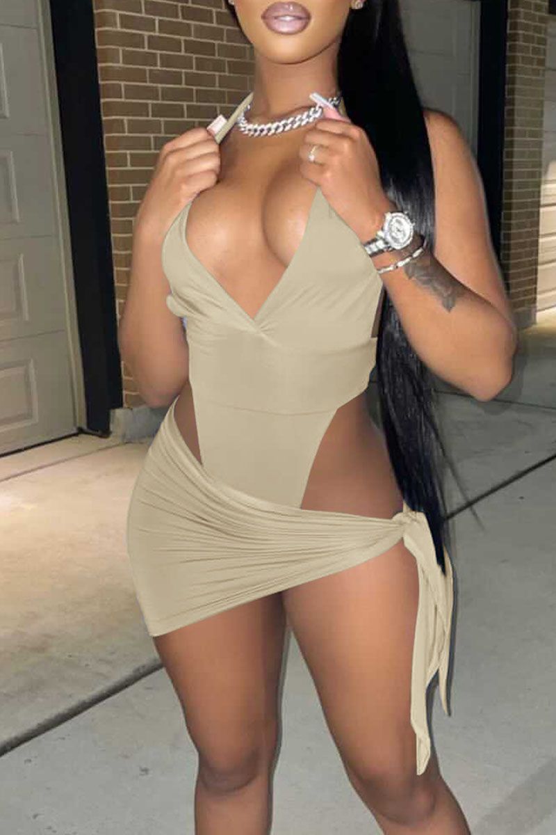 

Apricot Sexy Solid Hollowed Out Split Joint V Neck Sleeveless Two Pieces