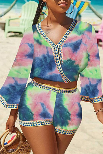Multicolor Sexy Print Patchwork V Neck Three Quarter Two Pieces