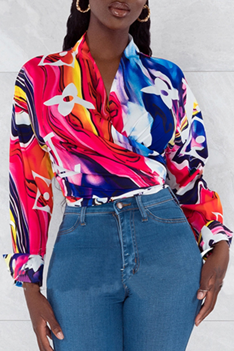 

Colour Fashion Sexy Print Split Joint V Neck Tops