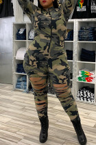 Camouflage Fashion Casual Camouflage Print Ripped Zipper Collar Plus Size Combinaisons