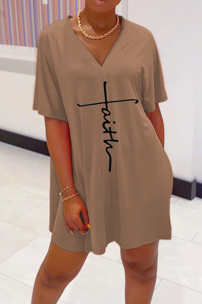 

Light Coffee Casual Print Split Joint V Neck Short Sleeve Two Pieces