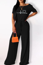 Zwarte Mode Casual Print Basic O-hals Regular Jumpsuits