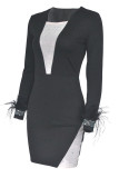 Negro Sexy Patchwork liso transparente taladro caliente cuello cuadrado falda de un paso vestidos de talla grande
