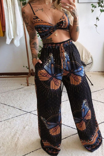 Black Sexy Print Patchwork Spaghetti Strap Sleeveless Two Pieces