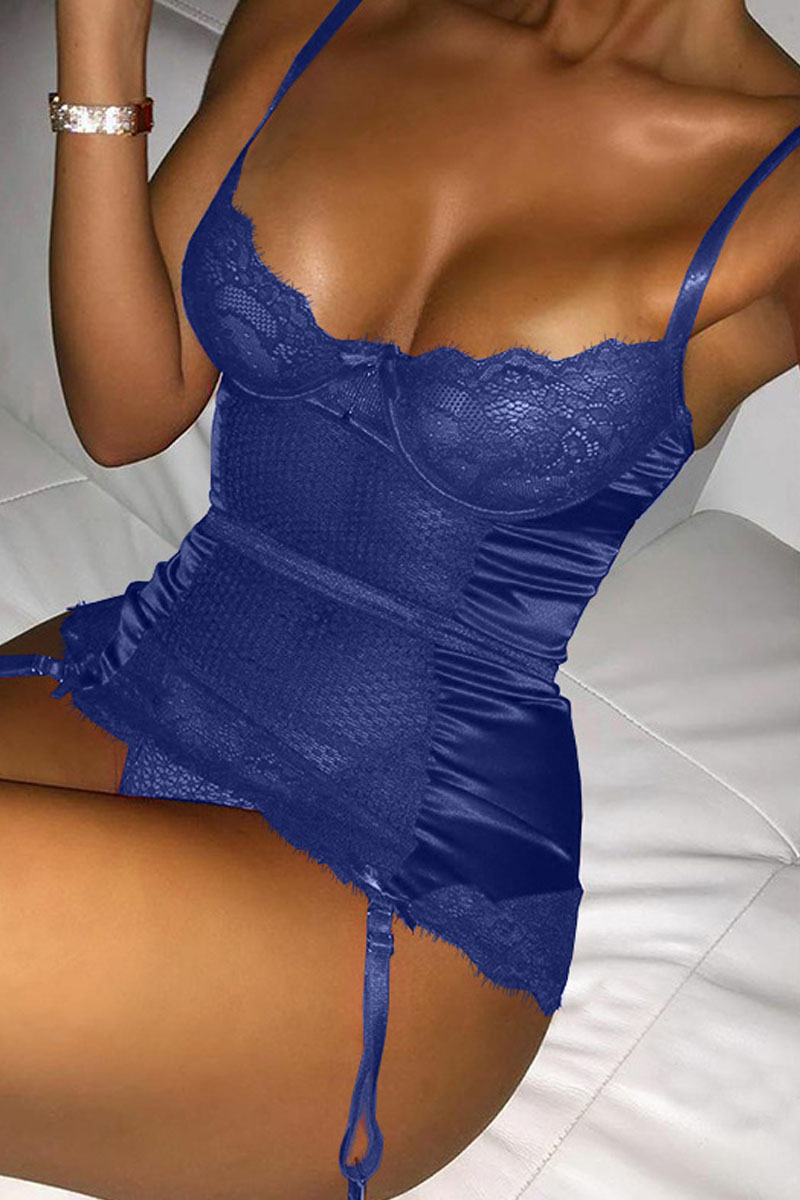 

Blue Fashion Sexy Solid Hollowed Out See-through Backless Lingerie