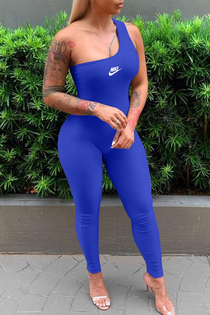 

Blue Fashion Sportswear Print Split Joint One Shoulder Jumpsuits