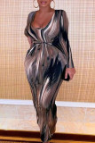 グレーファッションカジュアルプリントベーシックVネック長袖プラスサイズのドレス