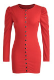 Красные повседневные однотонные платья в стиле пэчворк с пряжкой и круглым вырезом, юбка-карандаш