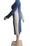 ブルーカジュアルプリントパッチワークVネックワンステップスカートプラスサイズのドレス