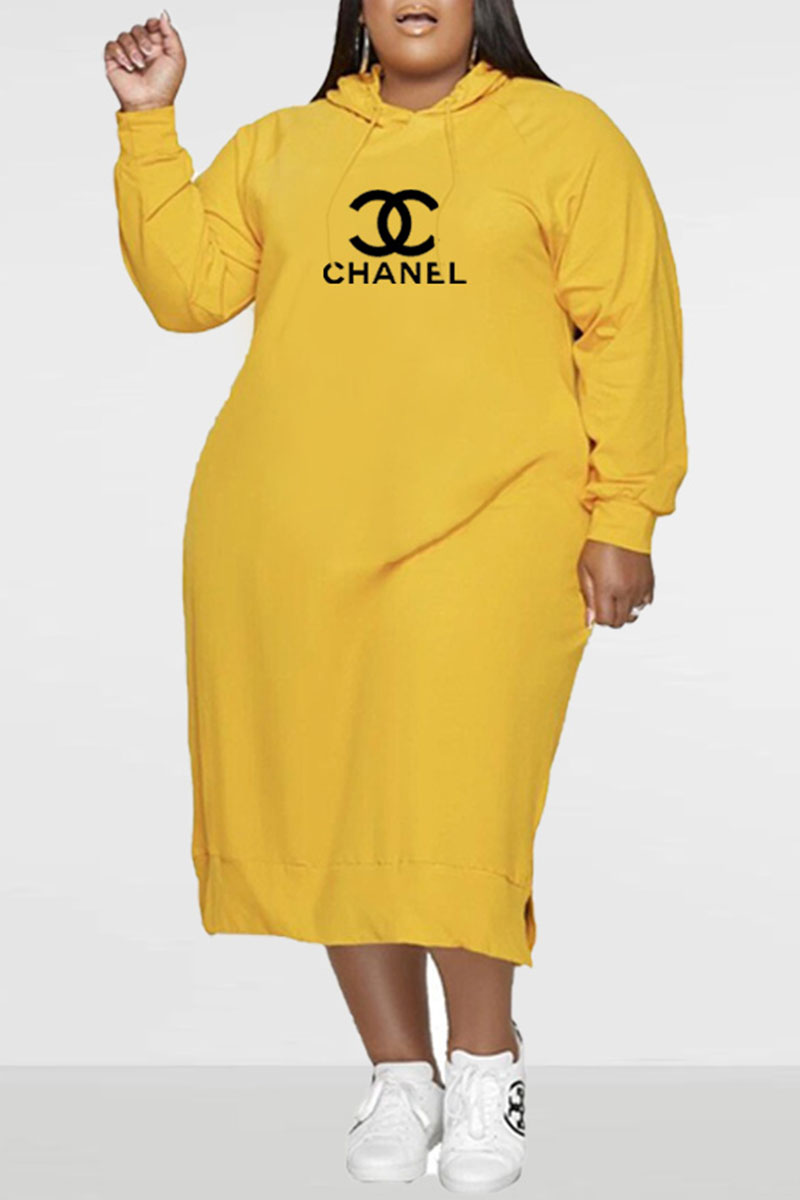 

Yellow Fashion Casual Letter Split Joint Hooded Collar Straight Plus Size Dresses