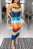 Multicolor Sexy Print Patchwork Spaghetti Strap One Step Skirt Dresses