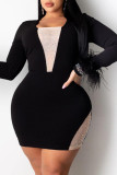 Zwart sexy effen patchwork doorzichtige hete boor vierkante kraag één stap rok plus maten jurken