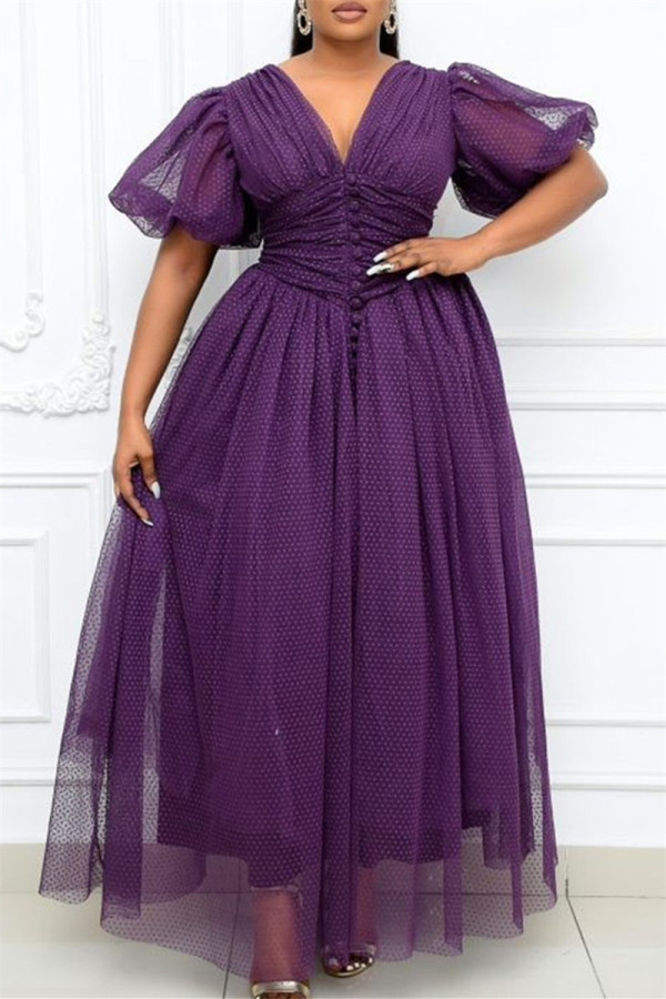 Purple Fashion Casual Solid Patchwork V Neck A Line Dresses