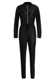 ブラックファッションストリートソリッドロングスリーブOネックジャンプスーツ