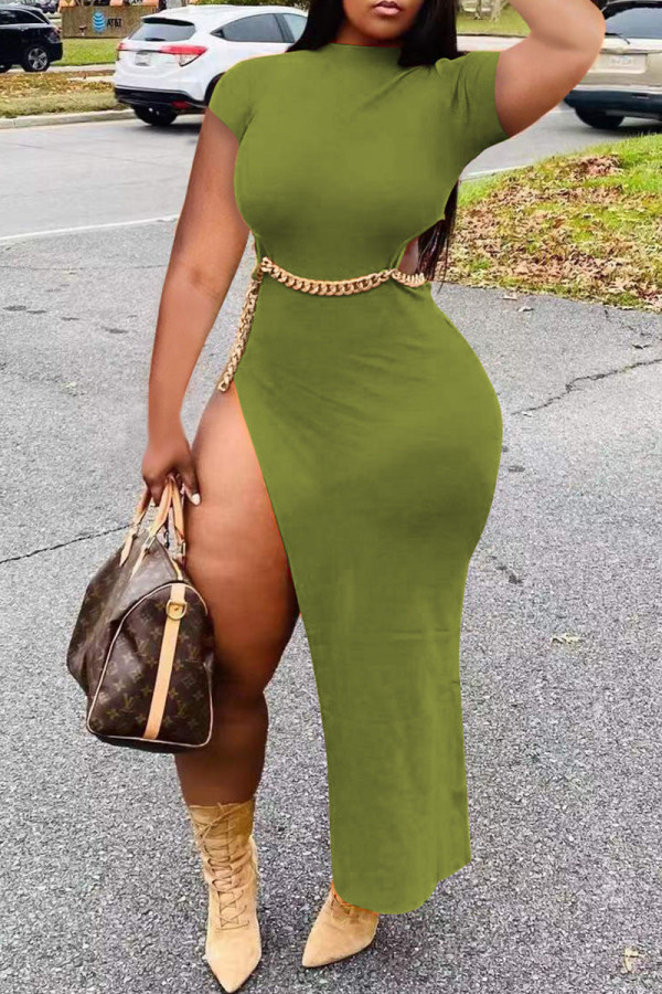Grönt mode Sexig solid urholkad slitsad turtleneck kortärmad klänning (med midjekedja)