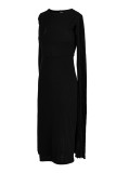 ブラック カジュアル エレガント ソリッド パッチワーク フォールド 非対称 Oネック ワンステップ スカート ドレス