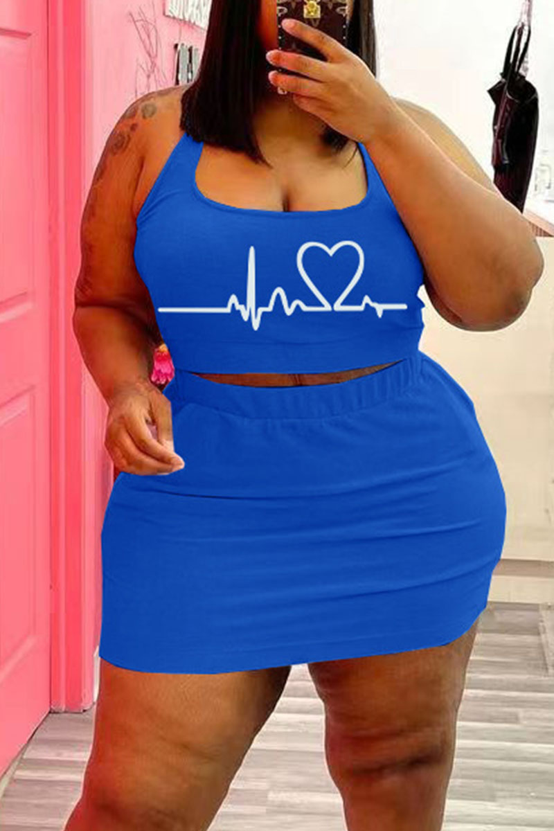 

Blue Casual Print Split Joint U Neck Plus Size Two Pieces