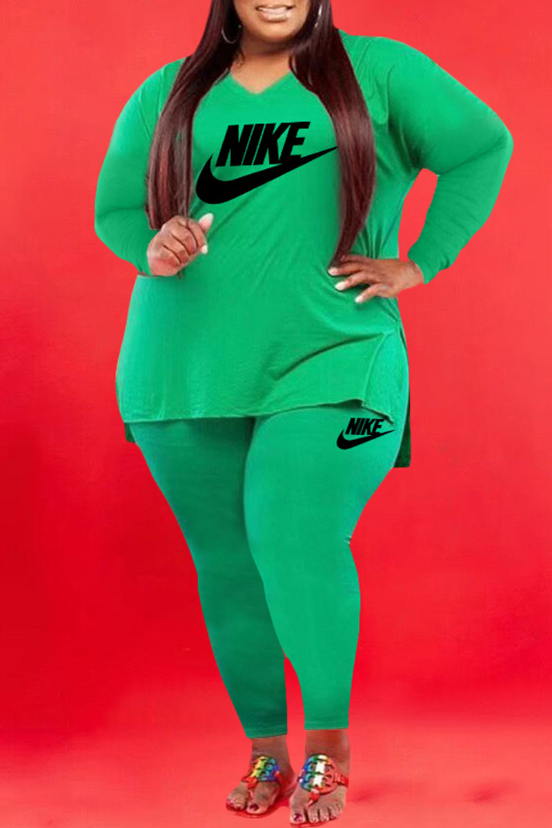 

Green Fashion Casual Print Split Joint V Neck Plus Size Two Pieces