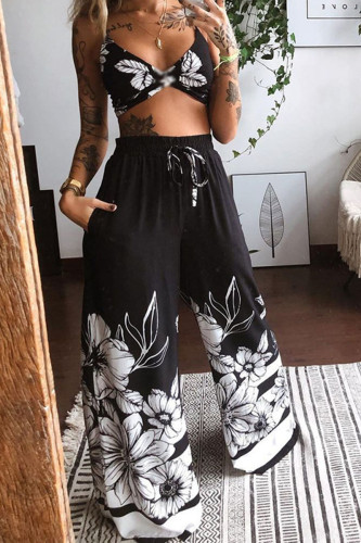 Black White Sexy Print Patchwork Spaghetti Strap Sleeveless Two Pieces
