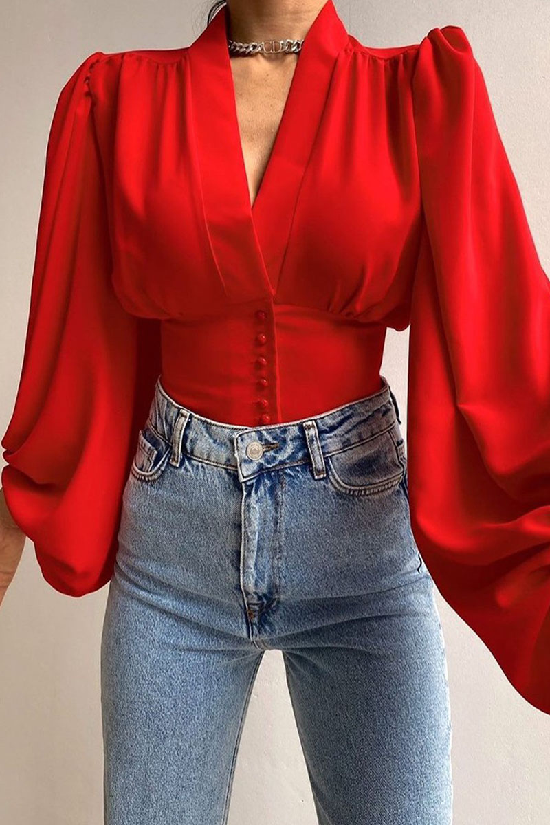 

Red Casual Print Split Joint V Neck Tops