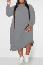 Grey Casual Solid Patchwork Hooded Collar Straight Plus Size Dresses