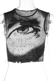 Rote Street Print Patchwork Hot Drill O Neck Tops