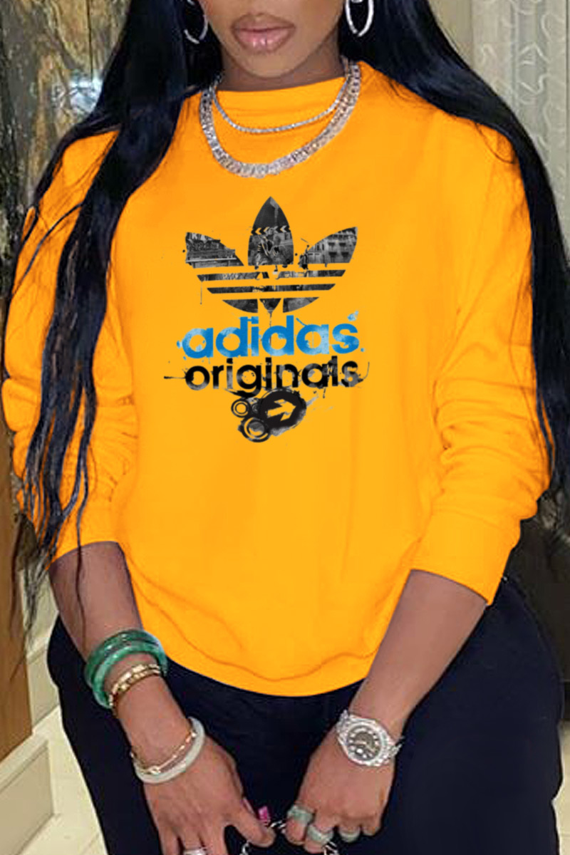 

Yellow Fashion Sportswear Print Split Joint Letter O Neck Tops