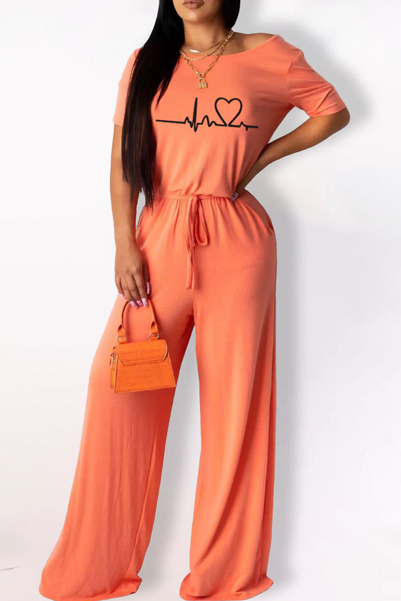 

Orange Fashion Casual Print Basic O Neck Regular Jumpsuits