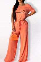 Orange Fashion Casual Print Basic O-Neck Regular Jumpsuits