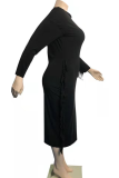 Falda de lápiz con cuello en O y borlas con estampado casual negro Vestidos de talla grande