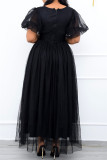 ブラックファッションカジュアルソリッドパッチワークVネックAラインドレス