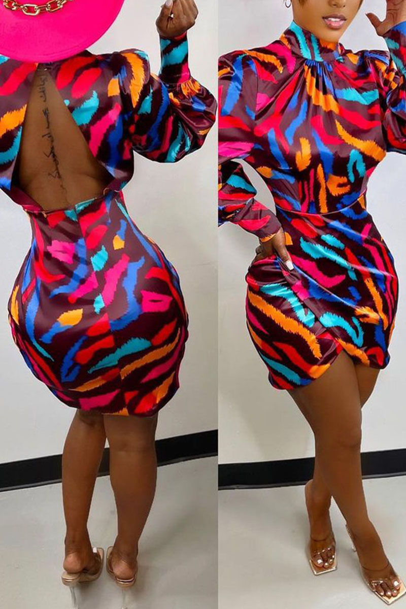 

Colour Sexy Print Split Joint Backless Turtleneck Irregular Dress Dresses