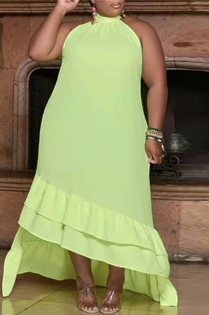 

Green Sexy Casual Plus Size Solid Asymmetrical O Neck Sleeveless Dress