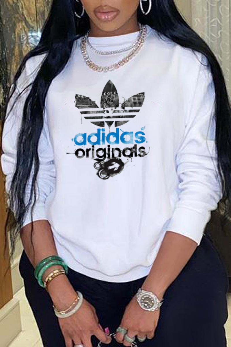 

White Fashion Sportswear Print Split Joint Letter O Neck Tops