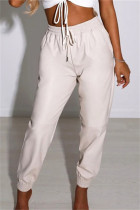 Blanc Mode Décontracté Solide Basique Régulier Taille haute Classique Bas de couleur unie