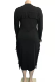 Falda de lápiz con cuello en O y borlas con estampado casual negro Vestidos de talla grande