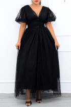 Black Fashion Casual Solid Patchwork V Neck A Line Dresses