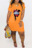 Orange Mode Casual Print Basic V-ringad kortärmad klänning