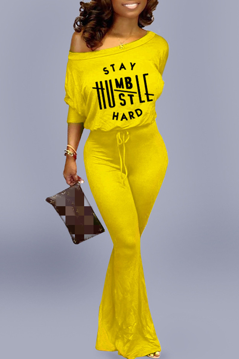 

Yellow Fashion Casual Letter Print Basic Oblique Collar Regular Jumpsuits