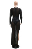 Черное сексуальное лоскутное блестящее блестящее прозрачное асимметричное вечернее платье с круглым вырезом