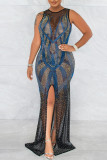 Синее модное сексуальное лоскутное горячее сверление с прозрачным разрезом и круглым вырезом, вечернее платье, платья