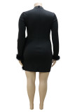 Blanc Fashion Sexy Patchwork Hot Drilling See-through Half A Turtleneck Long Sleeve Plus Size Dresses