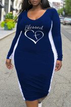 Синяя повседневная юбка в стиле пэчворк с принтом и V-образным вырезом Платья больших размеров