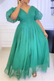 Green Fashion Casual Solid Patchwork V Neck A Line Dresses