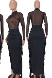 Black Sexy Solid Tassel Patchwork See-through O Neck Long Sleeve Two Pieces
