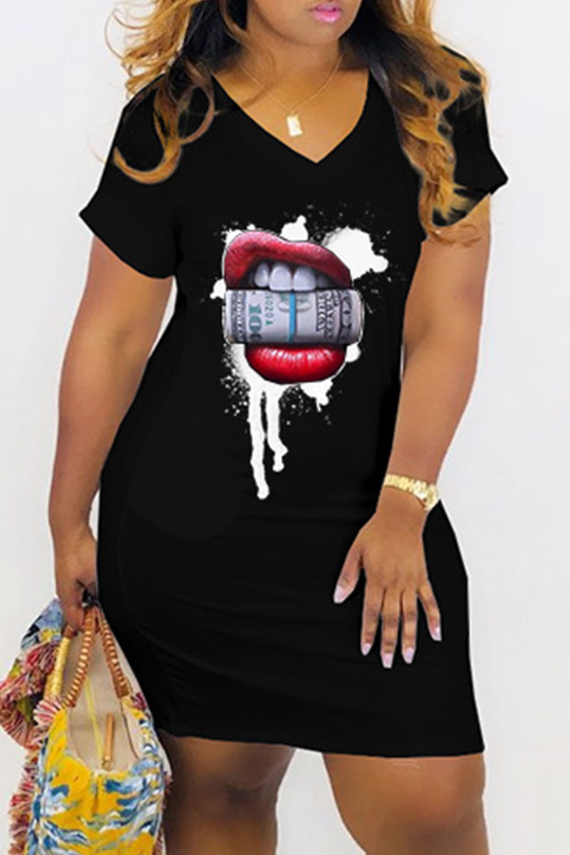 

Black Fashion Casual Print Basic V Neck Short Sleeve Dress