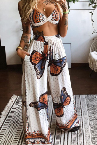 White Sexy Print Patchwork Spaghetti Strap Sleeveless Two Pieces